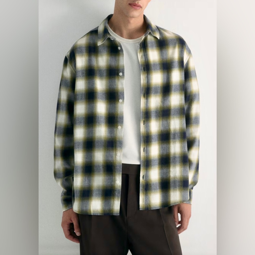 H&M Olive Green & Navy Plaid Lightweight Cotton Plaid Flannel Shirt